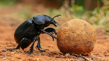 Shiny black dung beetle laboriously rolling a large dung ball on dry soil