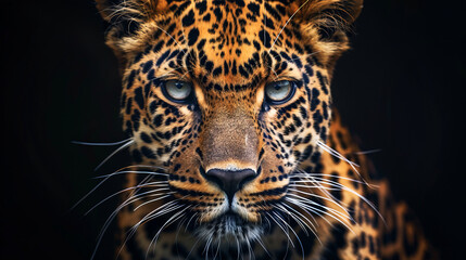Intense gaze of a majestic leopard up close, showcasing its beautiful spotted fur