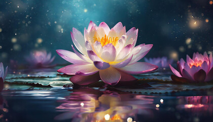 Glowing lotus in water at night. Luminous particles in the air. Beautiful flower. Dark blurred bokeh