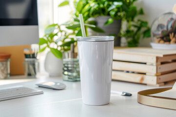 Sleek white tumbler with straws on a contemporary workspace with a computer screen - obrazy, fototapety, plakaty