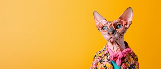 Cat in Pink Glasses and Floral Shirt - obrazy, fototapety, plakaty