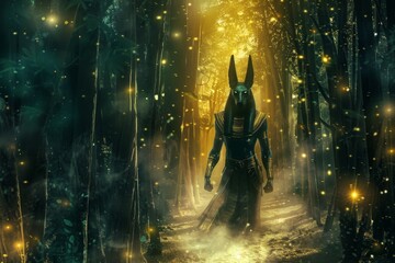 An artistic interpretation of Anubis as the guardian of lost souls, depicted in an ethereal forest with glowing pathways.