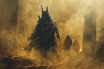 An atmospheric illustration of Anubis guiding souls through a misty, ethereal underworld, with ghostly figures and ancient symbols.