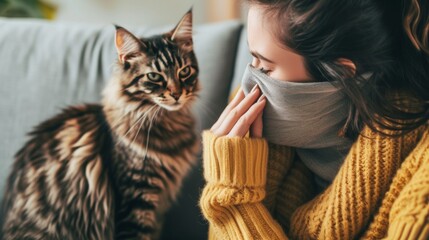 A person sneezing due to allergic with home animal. - obrazy, fototapety, plakaty