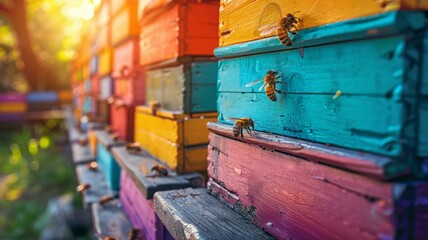 Sunrise activity at the colorful bee hives, showcasing the beauty of nature's pollinators - obrazy, fototapety, plakaty