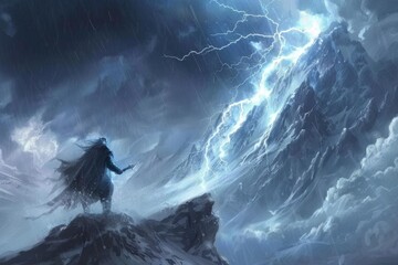 Ancient god of thunder commanding storms from a mountaintop - obrazy, fototapety, plakaty