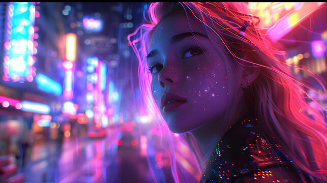 A dazzling display of pink neon lights reflecting on a person amidst the high-energy backdrop of a night city