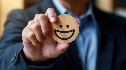 Businessman hand picked the happy face smile face icon on on wood block circle, Customer service evaluation and satisfaction survey concepts, generative ai