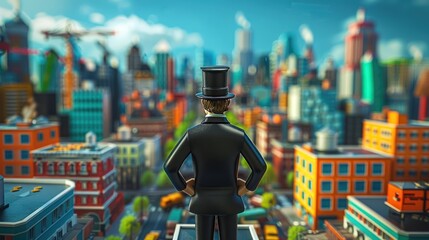 A creative representation of the Cartoon Mayor in a top hat standing dominantly over a vibrant, miniature cityscape, evoking themes of economy and strategy. - obrazy, fototapety, plakaty