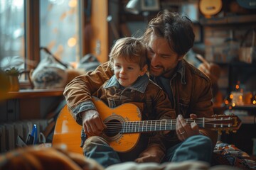 Father teaching boy to play on guitar - obrazy, fototapety, plakaty