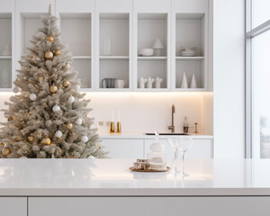 Christmas decor in kitchen. Christmas tableware. Christmas cooking utensils. White interior of New Year's kitchen background. New Year card template. Christmas tree in kitchen.