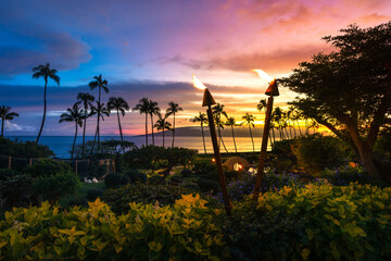 Hawaiian sunset with beautiful ocean and beach
