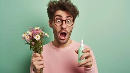 A person holding flowers and allergy medicine bottle - obrazy, fototapety, plakaty