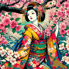 Spring's Vivid Embrace: An Ukiyo-e Portrait of Beauty Amidst Cherry Blossoms in Full Bloom, where Tradition Meets a Kaleidoscope of Color