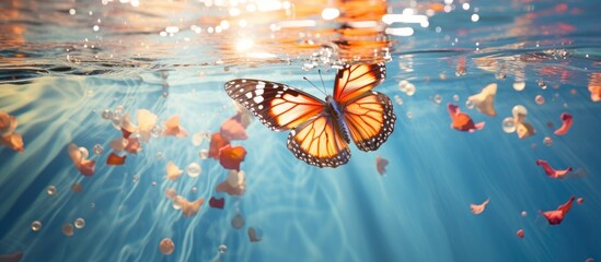 There is a delicate butterfly fluttering elegantly over the serene surface of a body of water