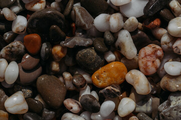 Sea stones of different colors on the shore in close-up
