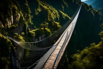 A modern suspension bridge spanning over a deep gorge, blending engineering with natural beauty.