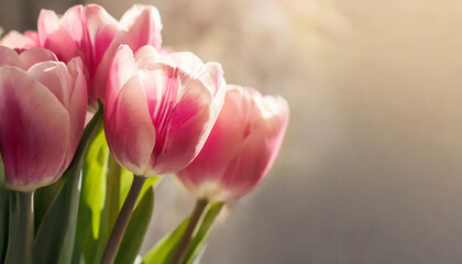 Naklejka premium Elegant pink tulips. Cute flowers. Spring season. Beautiful floral banner with blurred background