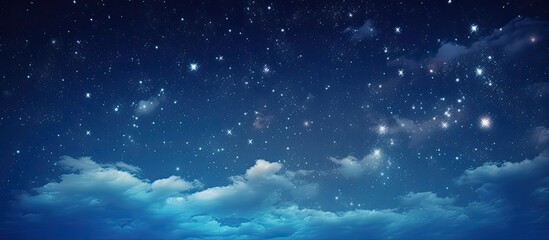 A dark sky filled with fluffy clouds and sparkling stars twinkling in the night