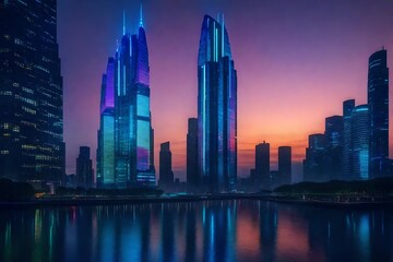 Fototapeta na wymiar A futuristic skyscraper towering above the city skyline, reflecting the colorful hues of twilight.
