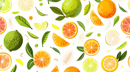 Fototapeta na wymiar Colorful assortment of citrus fruits and leaves pattern.
