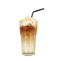 Iced caramel latte coffee on top whipped cream and caramel sauce. on glass and tube sucking isolated white background
