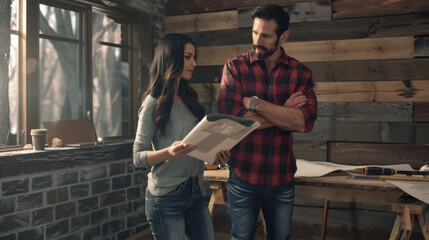 A man and woman are examining a blueprint in an unfinished building.