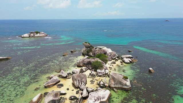 Belitung beach and islands drone view. Beautiful aerial view of islands, sea and rocks in Belitung, Indonesia 