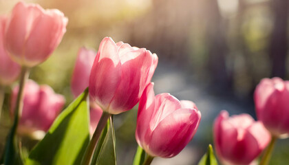 Elegant pink tulips. Cute flowers. Spring season. Beautiful floral banner with blurred background