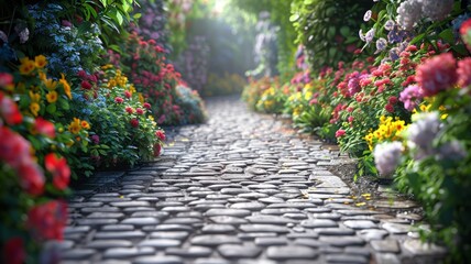 Charming cobblestone path adorned with blooming flowers in a picturesque floral street