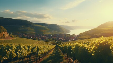 Scenic aerial view of vineyard grapes and villa in rural landscape on a sunny day for farm banner