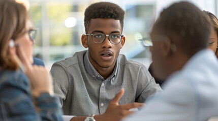 Obraz premium A young man in glasses actively engaging in a discussion at a business meeting.