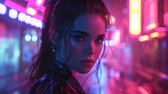 Thoughtful digital image of a woman with city neon lights illuminating her face in a cyberpunk setting