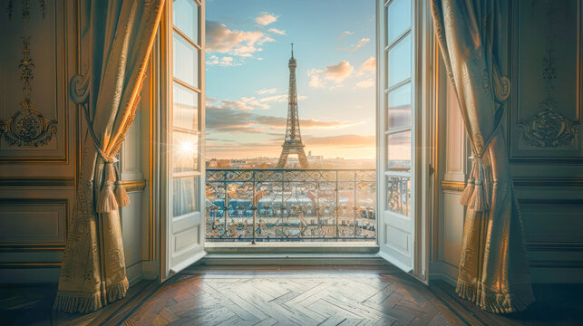 View of the Eiffel Tower and the Seine River through the open balcony window of a vacation rental apartment on the Right Bank in Paris. Travel, real estate in Paris for sale, booking, rent.