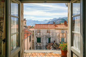 window with old european city scape view. Real estate in Europe for sale, rent booking. Travel, city tour, sightseeing. Summer vacation - obrazy, fototapety, plakaty
