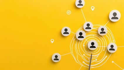 Team alignment and common goal concept with wooden tokens and a central target on a bright yellow background, symbolizing unity and focus - AI generated