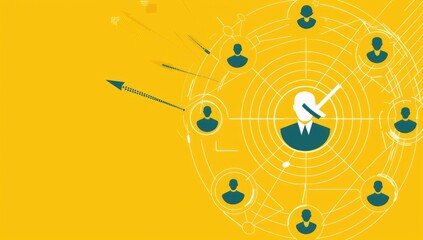 Team alignment and common goal concept with wooden tokens and a central target on a bright yellow background, symbolizing unity and focus - AI generated