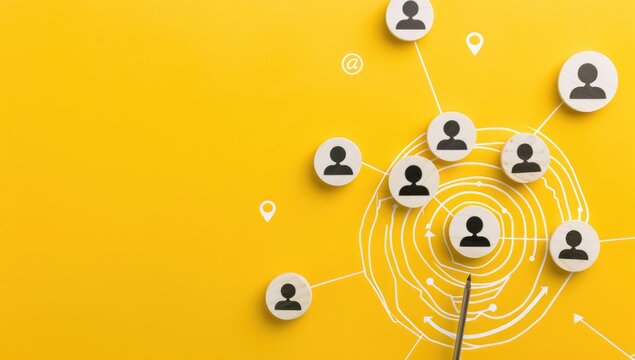 Team alignment and common goal concept with wooden tokens and a central target on a bright yellow background, symbolizing unity and focus - AI generated