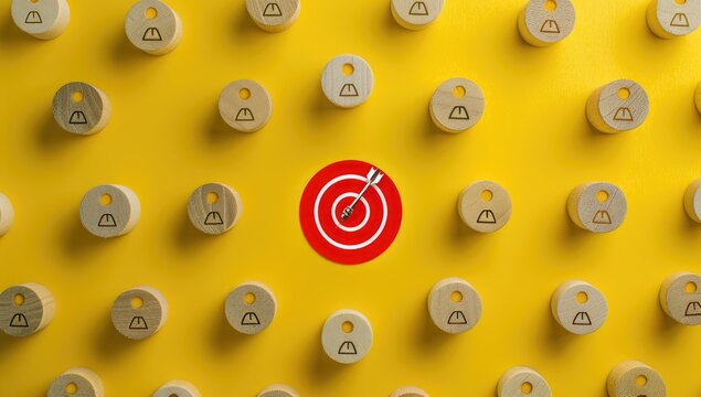 Team alignment and common goal concept with wooden tokens and a central target on a bright yellow background, symbolizing unity and focus - AI generated