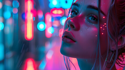 A close-up of a woman's profile highlighting her hair and silhouette against a mysterious, neon-embedded environment - obrazy, fototapety, plakaty