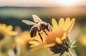 World Bee Day. Close-up of a honey bee collecting nectar in a field with yellow flowers at sunset. honey production - obrazy, fototapety, plakaty