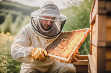 A beekeeper in a protective suit and mask holds a frame with honeycombs in his hands. world Bee Day. caring for the world around you