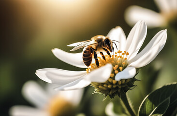 world Bee Day. Close-up of a honey bee collecting nectar on a white flower. honey production - obrazy, fototapety, plakaty