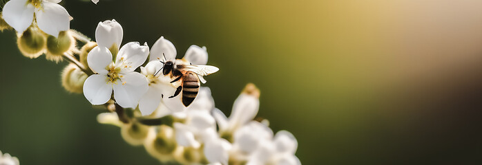 The World Bee Day banner. A small honey bee collects nectar from a white flower. free space for text - obrazy, fototapety, plakaty