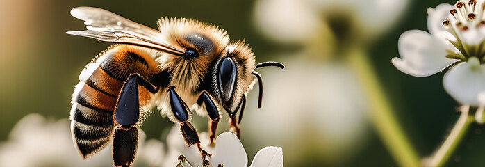 The World Bee Day banner. close-up of a honey bee on a white flower. free space for text - Powered by Adobe