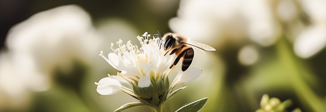 The World Bee Day banner. A small honey bee collects nectar from a white flower. free space for text