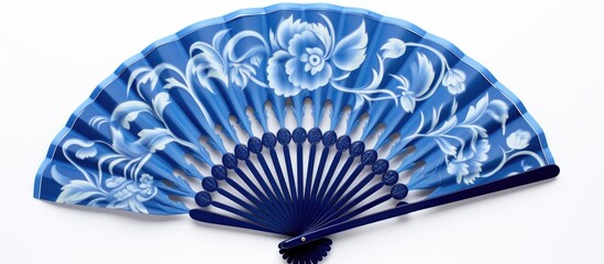 A detailed view of a fan in blue and white colors adorned with delicate flower patterns
