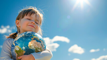 Earth day card. Child with Earth Globe on blue sky background. World peace, no war concept. Environment, save clean planet, ecology concept. Love and Save the World for the Next Generation. Copy space - obrazy, fototapety, plakaty