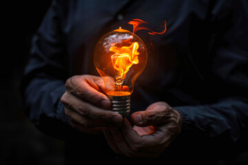 portrait of a man and a burning light bulb in his hand with fiery splashes on a dark background. creative thinking concept. new creative ideas.