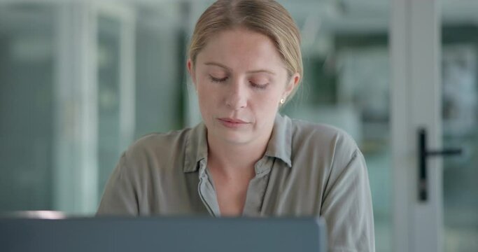 Business, headache and woman with burnout, tired and frustrated with project or anxiety in workplace. Person, fatigue or consultant with laptop or migraine with stress, brain fog or dizzy with crisis